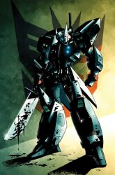  autobot blood blue_eyes commentary_request decepticon drift_(transformers) glowing glowing_eyes khaamar mecha no_humans official_art oil photoshop_(medium) robot science_fiction solo sword the_transformers_(idw) transformers weapon 