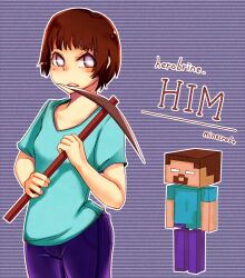  1boy at2. bad_id bad_link box_body brown_hair copyright_name denim female genderswap_(mtf) herobrine highres jeans minecraft pants personification pickaxe rule_63 short_hair 