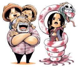  3boys age_difference black_hair boa_hancock brother e1n family female female grandchild grandfather hat hug monkey_d_garp monkey_d_luffy multiple_boys one_piece portgas_d_ace salome_(one_piece) scar siblings smile snake straw_hat white_hair 