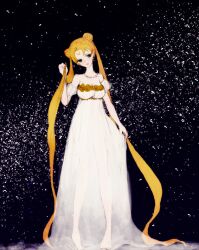  bare_shoulders bishoujo_senshi_sailor_moon blonde_hair cai commentary_request crescent crescent_facial_mark double_bun dress facial_mark female full_body hair_bun head_tilt holding holding_own_hair jewelry long_hair neck necklace princess_serenity see-through sky solo star_(sky) starry_sky tsukino_usagi twintails very_long_hair white_dress 