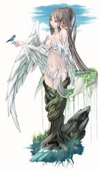  bird breasts brown_eyes brown_hair cleavage commentary_request dryad feathers female highres leaf long_hair medium_breasts monster_girl nature navel nizuma original smile solo tree very_long_hair white_wings wings 