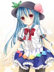  bad_id bad_pixiv_id black_pantyhose blue_hair bow female food fruit hat hinanawi_tenshi long_hair pantyhose peach red_eyes saijou_haruki skirt solo touhou 