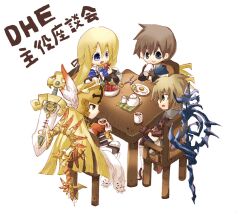  2boys 2girls blonde_hair blue_eyes chair commentary_request ecthel_(riviera) food fork fruit giulio_raguel gungnir knife knights_in_the_nightmare maria_(knights_in_the_nightmare) multiple_boys multiple_girls open_mouth qian_(monyonyo1000) riviera strawberry sword table weapon yggdra_union yggdra_yuril_artwaltz 