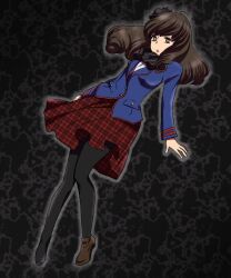  amanogawa_high_school_uniform black_hair chmm2 commentary_request female grey_eyes kamen_rider kamen_rider_fourze_(series) long_sleeves nozama_tomoko pantyhose school_uniform shoes single_shoe skirt solo 