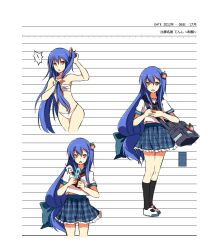  ! alternate_costume bag blue_hair cellphone character_name commentary_request contemporary female food fruit hair_ornament hinanawi_tenshi long_hair musical_note myuto_(advent_retribution) peach phone photoshop_(medium) red_eyes reference_sheet sarashi school_uniform serafuku shoes skirt socks touhou underwear underwear_only uwabaki very_long_hair 