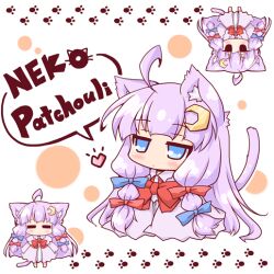  animal_ears blue_eyes cat_ears cat_tail chibi commentary_request crescent crescent_hair_ornament female hair_ornament hair_ribbon heart kemonomimi_mode neko_yume patchouli_knowledge purple_hair ribbon tail touhou twintails 