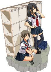  2girls bag black_eyes black_hair black_legwear brown_hair cellphone commentary_request hand_on_own_hip highres indian_style iphone joy_(joy-max) kneehighs long_hair multiple_girls open_mouth original phone photoshop_(medium) pleated_skirt school_bag school_uniform serafuku short_hair sitting skirt smartphone socks thighhighs white_socks zettai_ryouiki 