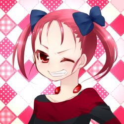  accel_world bad_id bad_pixiv_id female grin kouzuki_yuniko nanamiya_sakura one_eye_closed red_eyes red_hair shirt short_twintails smile solo striped_clothes striped_shirt twintails 