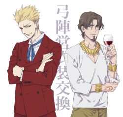  2boys alcohol blonde_hair blue_eyes bracelet brown_hair command_spell commentary_request cosplay costume_switch cup drinking_glass facial_hair fate/zero fate_(series) formal gilgamesh_(fate) gilgamesh_(fate)_(cosplay) goatee jewelry male_focus multiple_boys necklace official_alternate_costume ouka_ac red_eyes suit tohsaka_tokiomi tohsaka_tokiomi_(cosplay) wine wine_glass 