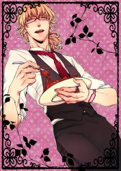  1boy alternate_hairstyle barnaby_brooks_jr. blonde_hair commentary_request curly_hair food fork glasses jewelry k-996 male_focus necktie pasta ponytail ring solo spaghetti tiger_&amp;_bunny vest waistcoat waiter yellow_eyes 