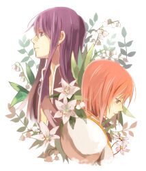  1boy back-to-back blue_eyes coat commentary_request estellise_sidos_heurassein female flower lily_(flower) lily_of_the_valley long_hair pink_hair profile purple_hair serious short_hair tales_of_(series) tales_of_vesperia tsubukiri upper_body yuri_lowell 