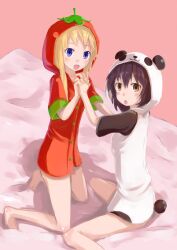  2girls animal_costume barefoot black_hair blonde_hair blue_eyes brown_eyes commentary_request funami_yui holding_hands interlocked_fingers multiple_girls pajamas panda_costume photoshop_(medium) saitou_(uzizane) short_hair tomato_costume toshinou_kyouko yuru_yuri 