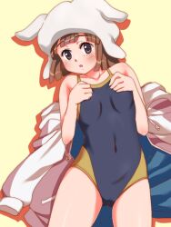  :o ai_hoshimiya bad_id bad_pixiv_id blunt_bangs blush brown_eyes brown_hair competition_swimsuit female hat hood hoodie miniskirt_pirates one-piece_swimsuit photoshop_(medium) poncho_s short_hair solo swimsuit tongue unworn_hoodie 