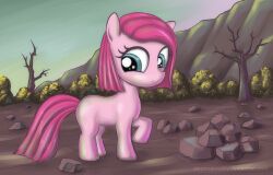  2012 alexmakovsky blue_eyes detailed_background earth_pony equid equine female feral friendship_is_magic frown hair hasbro hi_res horse mammal mountain my_little_pony outside pink_hair pinkamena_(mlp) pinkie_pie_(mlp) plant pony quadruped rock shrub sky solo tail tree wood young 