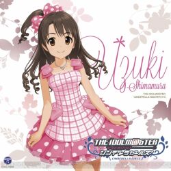  album_cover bow brown_eyes brown_hair character_name cover cursive dress female hairbow half_updo idolmaster idolmaster_cinderella_girls jewelry kurogoma long_hair necklace official_art one_side_up plaid plaid_dress polka_dot polka_dot_bow polka_dot_skirt shimamura_uzuki skirt smile 