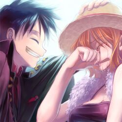  1boy black_hair crying duo female female hand_on_hat hand_on_headwear hat male monkey_d_luffy nami nami_(one_piece) necktie one_piece one_piece:_strong_world orange_hair red_shirt shirt smile straw_hat white_background 