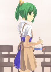  apron bento blush chopsticks commentary_request female green_eyes green_hair looking_back midorikawa_nao nanairogaoka_middle_school_uniform open_mouth ponytail precure school_uniform short_hair skirt smile_precure solo sweater_vest touboku 