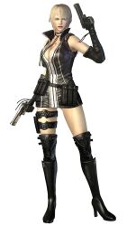  3d blonde_hair breasts cleavage dual_wielding female female full_body gun highres irene_lew large_breasts lipstick makeup ninja_gaiden ninja_gaiden_2_(xbox) official_art simple_background solo sonia weapon white_background 