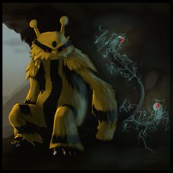  andrea_botiller cave commentary electivire electricity english_commentary full_body looking_at_viewer no_humans pokemon pokemon_(creature) red_eyes sitting solo 