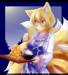  aburaage animal_ears blonde_hair blush bowl commentary_request female food food_on_face fox_ears fox_tail multiple_tails no_headwear rice rice_bowl short_hair slit_pupils solo sweatdrop tabard tail tamahana touhou tray yakumo_ran yellow_eyes 