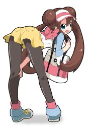  ass bag bent_over black_pantyhose blue_eyes blush brown_hair commentary_request double_bun doughnut_hair_bun female hair_bun handbag hat long_hair massala pantyhose pokemon pokemon_bw2 raglan_sleeves rosa_(pokemon) shorts smile solo twintails visor_cap yellow_shorts 