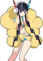  bare_legs black_hair blue_eyes coat commentary_request elesa_(pokemon) female fingernails fur_coat headphones long_hair massala midriff nail_polish pokemon pokemon_bw2 sidelocks solo very_long_hair 