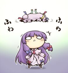  :&lt; ^^^ blush bow chibi commentary_request crescent dress female hairbow hat long_hair nekoguruma o_o outline patchouli_knowledge purple_hair solo touhou translated unworn_hat unworn_headwear 