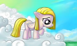  2012 5:3 alexmakovsky blonde_hair cloud equid equine feathered_wings feathers female feral frown grey_eyes hair hasbro hi_res mammal mlp_g1 my_little_pony my_little_pony_&#039;n_friends mythological_creature mythological_equine mythology outside pegasus pre-g4 quadruped sad simple_background sky skyscape solo surprise_(pre-g4) tail white_body white_feathers wings young young_feral 