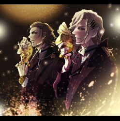  2boys aotan bad_id bad_pixiv_id bow brown_eyes brown_hair facial_hair formal grey_hair hair_ornament hair_slicked_back hairbow hairclip jewelry kaburagi_t._kotetsu letterboxed light_particles long_hair male_focus mask multiple_boys necktie pointy_ears ponytail ring stubble suit tiger_&amp;_bunny yuri_petrov 