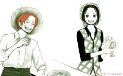  1boy bandana bar east_blue female female food glass hat makino makino_(one_piece) male one_piece open_clothes open_shirt plate red_hair shanks shirt simple_background sitting smile straw_hat towel white_background 