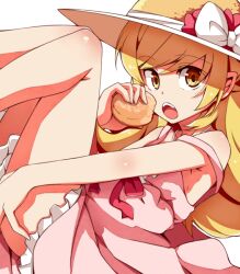  blonde_hair commentary_request doughnut dress female food hat kizumonogatari legs long_hair long_legs monogatari_(series) open_mouth oshino_shinobu pointy_ears solo soto_miyako strap_slip sun_hat yellow_eyes 