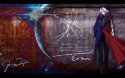  alternate_costume artist_name astronomy bad_id bad_pixiv_id belt blue_eyes character_name coat diagram earth_(planet) female grey_hair growingnoob hat long_coat long_hair moon necktie pantyhose photoshop_(medium) planet ponytail science signature skirt solo space touhou yagokoro_eirin 