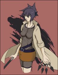  bangs breasts coat cropped_legs female fishnet fishnets jewelry knife looking_at_viewer mitarashi_anko naruto necklace ninja purple_hair skirt solo 