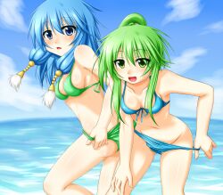  2girls :d ariel_(yu-gi-oh!) ass bare_shoulders bikini bikini_pull blue_bikini blue_eyes blue_hair blush breasts cleavage clothes_pull cloud collarbone commentary_request day duel_monster eyes_visible_through_hair front-tie_top gishki_ariel green_bikini green_eyes green_hair groin hand_on_own_thigh highres kazami_ren_(fuushagoya) leaning_forward long_hair looking_at_viewer medium_breasts multiple_girls navel ocean open_mouth outdoors ponytail pulling_own_clothes shiny_skin sideboob sidelocks sky smile standing swimsuit undressing water winda_(yu-gi-oh!) winda_priestess_of_gusto yu-gi-oh! 