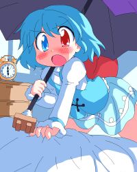  alarm_clock blue_eyes blue_hair blush chest_of_drawers clock commentary_request female geetsu heterochromia jaggy_lines karakasa_obake long_sleeves oekaki open_mouth purple_umbrella red_eyes short_hair skirt solo tatara_kogasa tongue touhou umbrella 