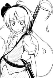  ahoge bow female greyscale hair_ribbon hairband hinami_(hinatamizu) katana konpaku_youmu konpaku_youmu_(ghost) line_art monochrome petals ribbon scabbard sheath short_hair solo sword touhou weapon 