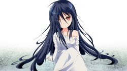  azumawari_(azumofu) black_hair commentary_request female hair_over_one_eye long_hair off_shoulder sitting solo the_ring yamamura_sadako 