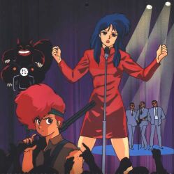  2girls 80s blue_eyes blue_hair dark_skin dirty_pair gun hirota_mayumi kei_(dirty_pair) long_hair lowres mughi multiple_girls oldschool parody red_hair short_hair streets_of_fire weapon yuri_(dirty_pair) 