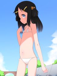  :o bikini black_hair blue_eyes bridge cloud day female flat_chest hair_bobbles hair_ornament hairclip highres looking_at_viewer navel original outdoors photoshop_(medium) profile shade shouji_ayumu sky solo swimsuit white_bikini 