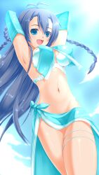  :d ahoge aqua_sarong armpits arms_behind_head arms_up blue_eyes blue_hair braid breasts commentary_request covered_nipples day elbow_gloves female ganaha_hibiki gloves happy highres idolmaster idolmaster_(classic) large_breasts long_hair navel oerba_yun_fang open_mouth outdoors perky_breasts rokushiru_(muzai-p) sarong smile solo thighs 