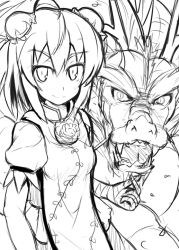  animal artistic_error chinese_clothes double_bun dragon eastern_dragon female flower greyscale hair_bun hinami_(hinatamizu) horns ibaraki_kasen line_art monochrome open_mouth puffy_sleeves rose short_hair short_sleeves slit_pupils smile touhou 