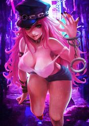  1girls breasts choker cleavage curvy female female_only final_fight fingernails hand_cuffs hat huge_breasts jean_shorts monorirogue no_bra poison_(final_fight) solo street_fighter street_fighter_v 