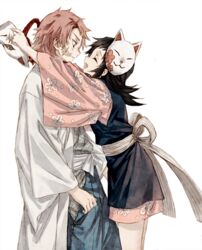  1boy black_hair closed_mouth female floral_print fox_mask haori japanese_clothes kimetsu_no_yaiba kimono long_hair long_sleeves looking_at_another magu_(a325934) makomo_(kimetsu) mask mask_on_head open_mouth pink_hair sabito_(kimetsu) scar scar_on_cheek scar_on_face smile 