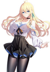  ahoge bad_id bad_twitter_id black_pantyhose black_skirt blonde_hair blue_eyes blush breasts choker cleavage collarbone commentary_request female highres large_breasts long_hair long_sleeves looking_at_viewer off-shoulder_shirt off_shoulder original pantyhose ririko_(zhuoyandesailaer) saegusa_futaba shirt simple_background skirt smile solo thighs white_background white_shirt 