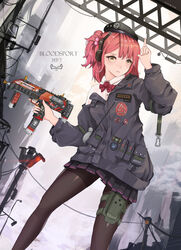  absurdres beret breasts counter-strike_(series) counter-strike_2 female girls&#039;_frontline gun h&amp;k_mp7 hat highres marcowwine medium_breasts mp7_(girls&#039;_frontline) pantyhose photoshop_(medium) red_hair short_hair solo submachine_gun weapon yellow_eyes 