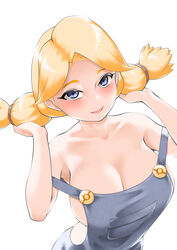  absurdres bare_shoulders blonde_hair blue_eyes blush breasts cleavage collarbone commentary_request cowgirl_(pokemon) female hair_lift hair_tie hands_up hat highres large_breasts looking_at_viewer naked_overalls no_headwear open_mouth overalls poke_ball_symbol pokemon pokemon_dppt simple_background smile solo strap_slip toba_tsutsumi twintails upper_body white_background 