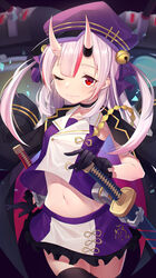  armpits azur_lane bell beret black_coat blurry blurry_background breasts cannon cape chinese_commentary coat coat_on_shoulders commentary female gloves hair_between_eyes hat highres hitokuchii hololive horns katana long_hair looking_at_viewer midriff multicolored_hair nakiri_ayame navel oerba_yun_fang official_alternate_costume one_eye_closed oni photoshop_(medium) red_eyes red_hair sheath sheathed skin-covered_horns skin_fang skirt sleeveless small_breasts solo streaked_hair sword thighhighs twintails virtual_youtuber weapon white_hair zettai_ryouiki 