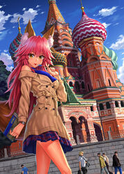  5boys animal_ear_fluff animal_ears architecture bare_shoulders blue_skirt blue_sky blue_sweater brick_wall brown_coat brown_eyes building closed_mouth cloud coat commentary_request day european_architecture fate/extra fate/grand_order fate_(series) female food fox_ears fox_girl fox_tail hair_between_eyes holding holding_food long_hair long_sleeves looking_at_viewer moscow multiple_boys npcpepper outdoors pink_hair plaid plaid_skirt railing real_world_location ribbed_sweater russia skirt sky sleeveless sleeveless_sweater solo_focus st_basil&#039;s_cathedral sweater tail tamamo_(fate) tamamo_no_mae_(fate/extra) tongue tongue_out very_long_hair watch wristwatch 