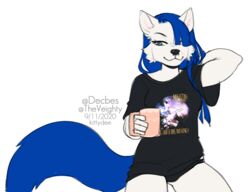  5_fingers anthro black_clothing black_nose black_panties black_shirt black_topwear black_underwear blue_eyes blue_hair blue_tail canid canine canis chelsea_(pearlhead) clothed clothing container cup digital_media_(artwork) facial_piercing female female_anthro fingers hair hair_over_eye half-closed_eyes hands_behind_head hi_res holding_object kittydee mammal ministry narrowed_eyes nose_piercing one_eye_obstructed panties piercing shirt simple_background sitting smile solo t-shirt tail text text_on_clothing text_on_shirt text_on_topwear topwear underwear white_background wolf 