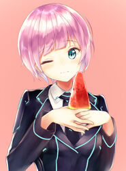  ;) black_jacket black_necktie blue_eyes blush breasts brown_background closed_mouth collared_shirt commentary_request female food fruit hands_up highres holding holding_food jacket long_sleeves looking_at_viewer medium_breasts melon melon_slice necktie nijisanji one_eye_closed pink_hair rupe_paperu shirt short_hair simple_background smile solo upper_body virtual_youtuber watermark white_shirt yuuhi_riri yuuhi_riri_(1st_costume) 